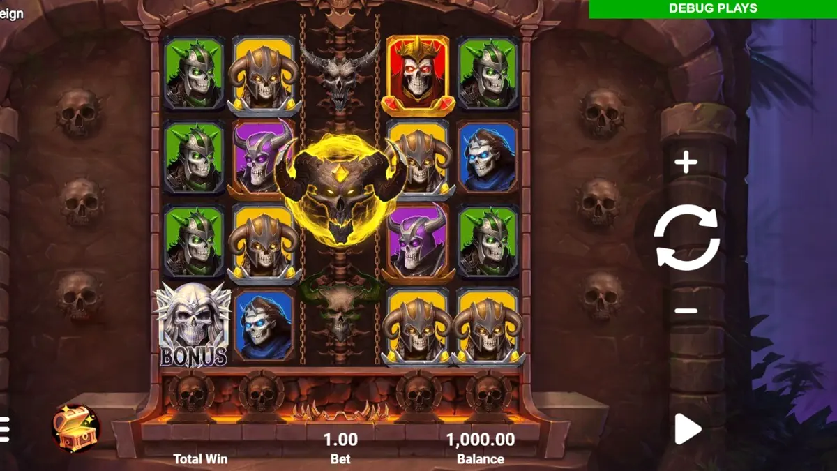 Tampilan antarmuka seluler slot Hellreign Scatter Magnet dengan tema neraka yang gelap.