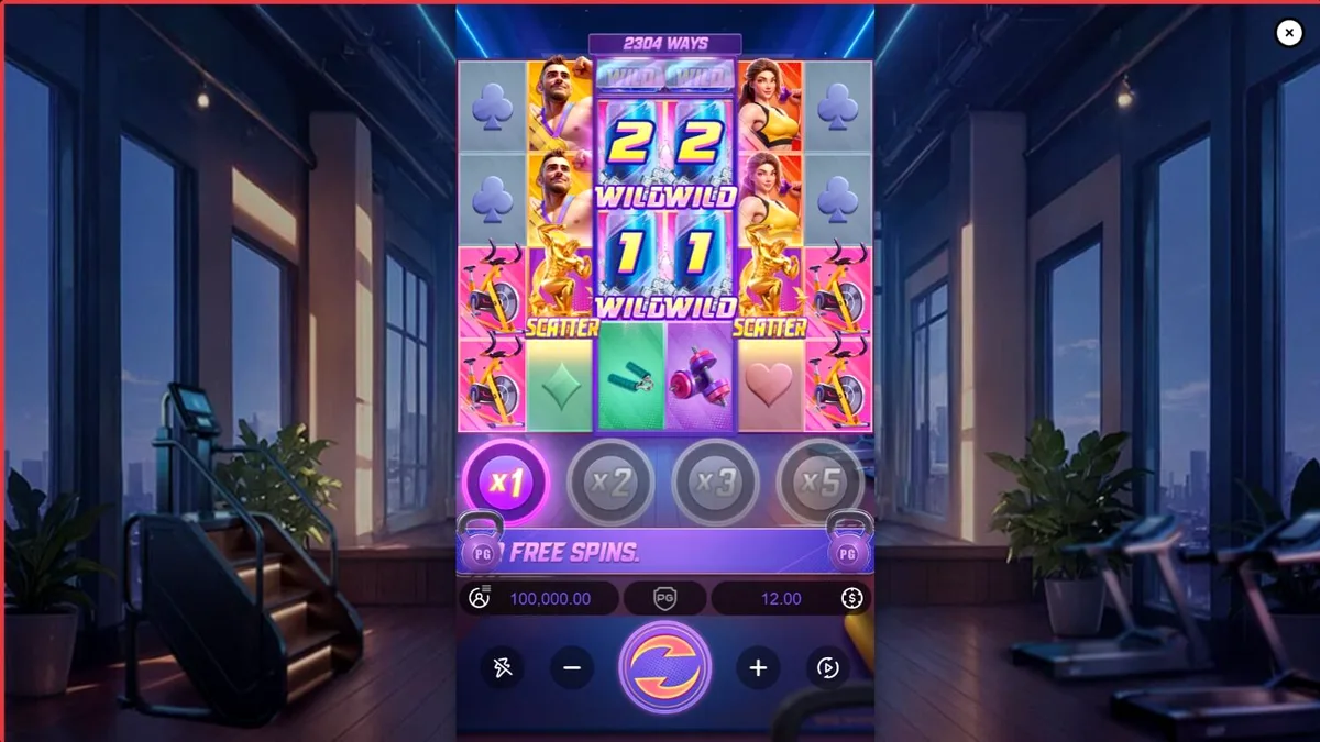 Tampilan visual slot Mighty Mania dengan tema gym dan peralatan kebugaran